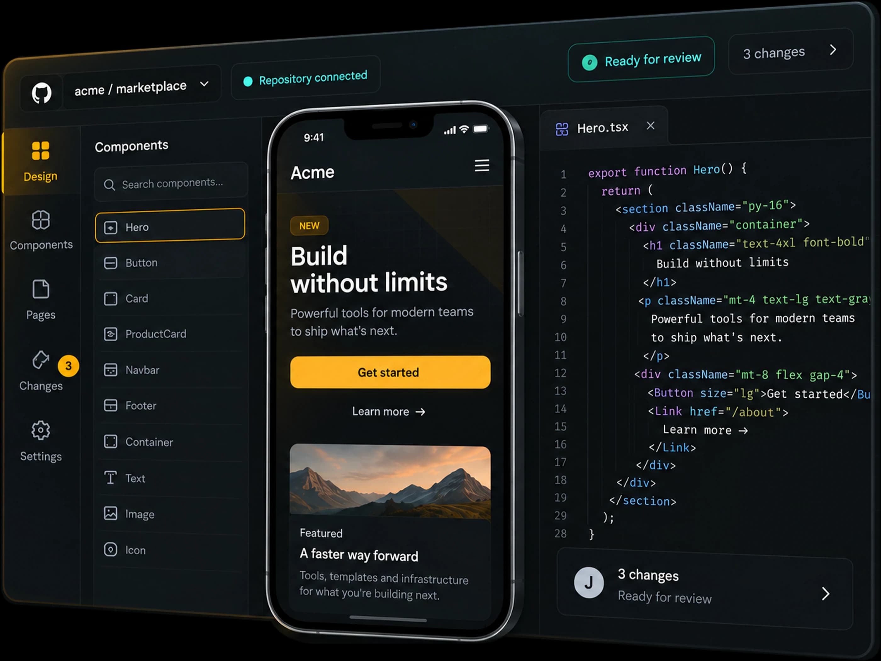 Revise editor with a component list, live product preview, design controls, and source code